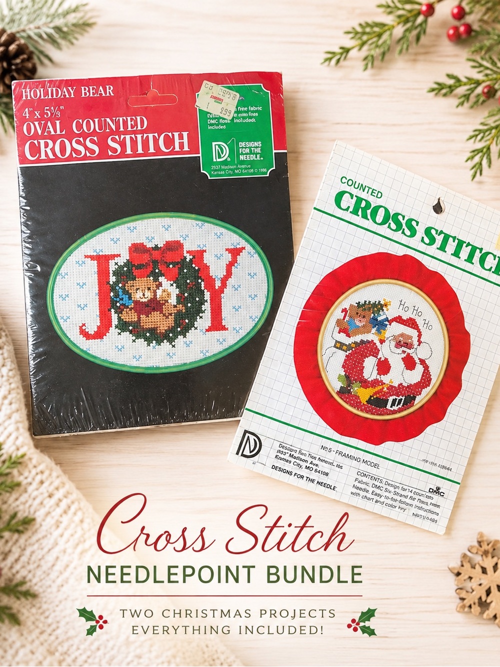 Cross Stitch needlepoint bundle of two Christmas projects. Everything included!